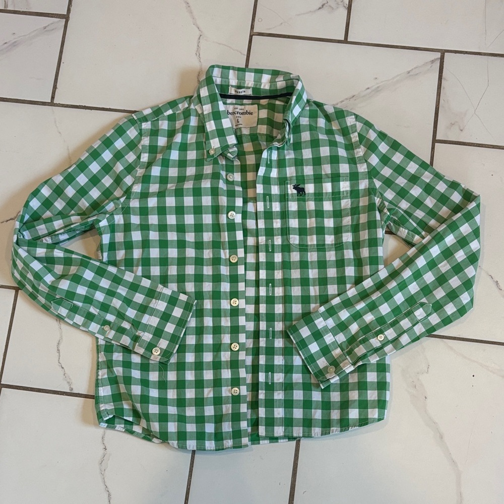 abercrombie kids Green and White Gingham Button-Down Shirt - EUC, size L